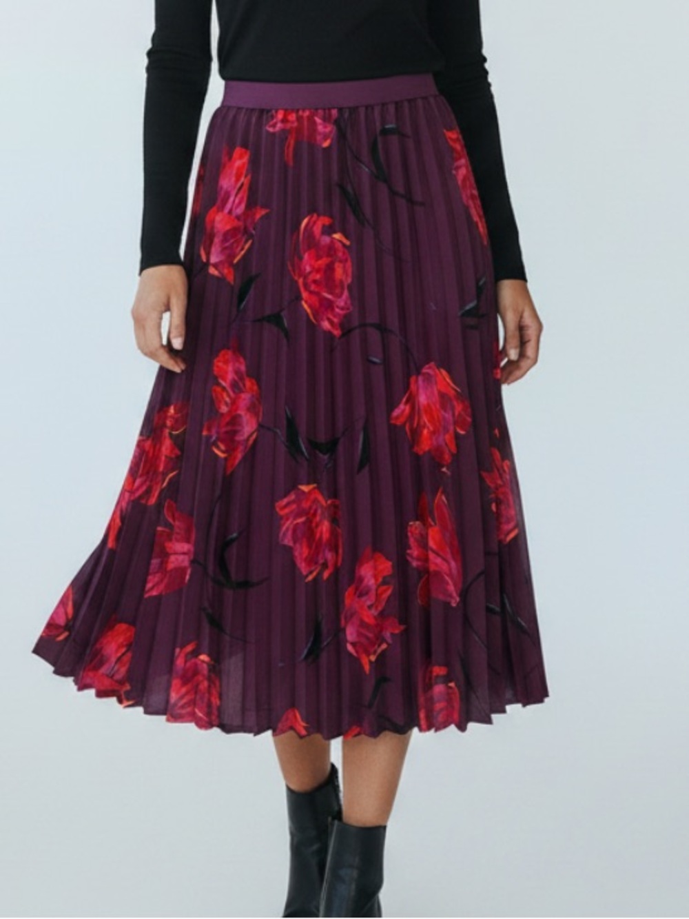 A New Day Plum Pleated Maxi Skirt with Red-Pink Floral Print Stunning! NWT